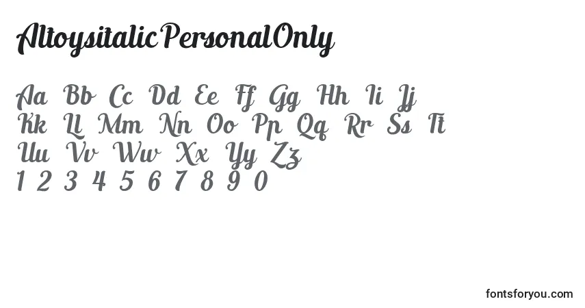 AltoysitalicPersonalOnly (110480) Font – alphabet, numbers, special characters