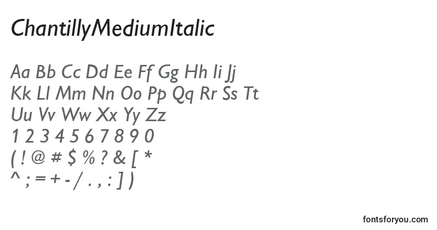 A fonte ChantillyMediumItalic – alfabeto, números, caracteres especiais