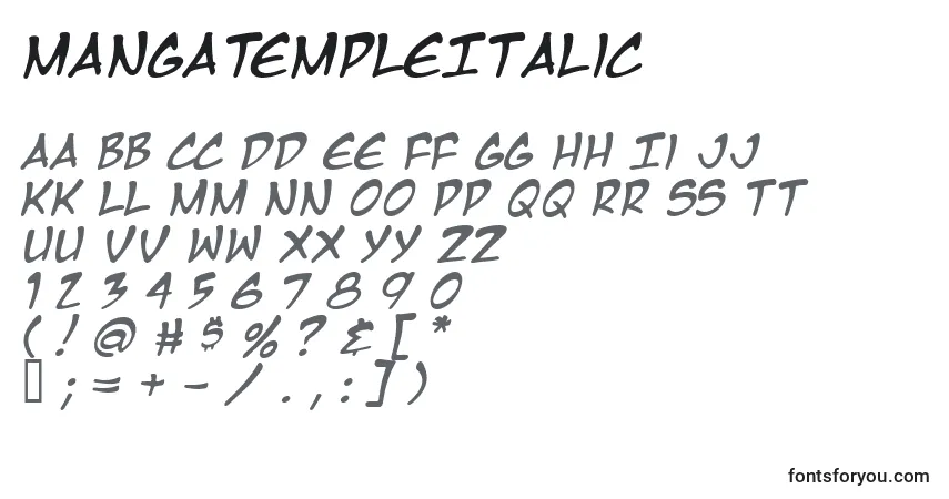A fonte MangaTempleItalic – alfabeto, números, caracteres especiais