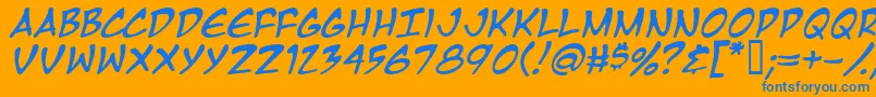 MangaTempleItalic-Schriftart – Blaue Schriften auf orangefarbenem Hintergrund