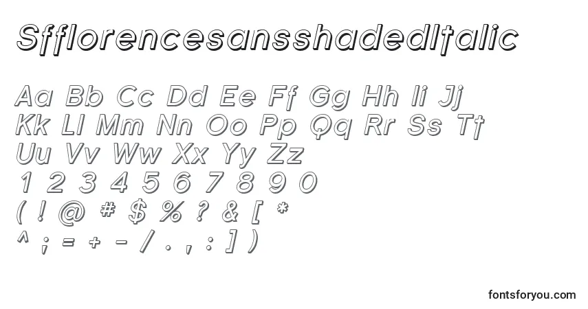 Czcionka SfflorencesansshadedItalic – alfabet, cyfry, specjalne znaki