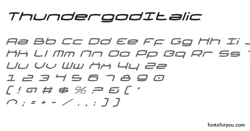 A fonte ThundergodItalic – alfabeto, números, caracteres especiais