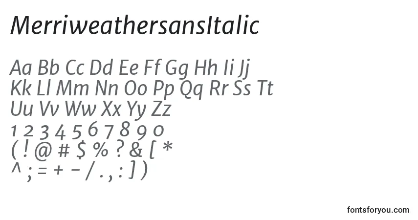 Шрифт MerriweathersansItalic – алфавит, цифры, специальные символы