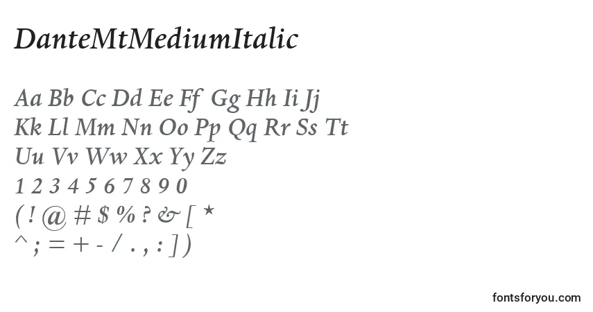 Czcionka DanteMtMediumItalic – alfabet, cyfry, specjalne znaki