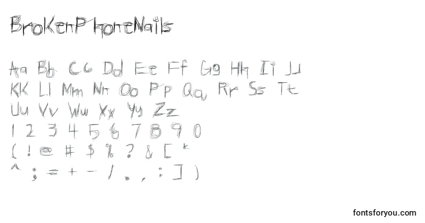 Schriftart BrokenPhoneNails – Alphabet, Zahlen, spezielle Symbole