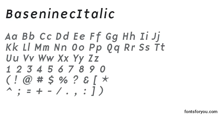 Schriftart BaseninecItalic – Alphabet, Zahlen, spezielle Symbole