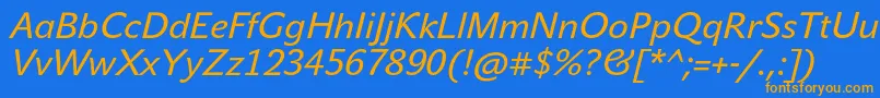 フォントJohnsansTextProItalic – オレンジ色の文字が青い背景にあります。