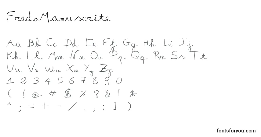 Czcionka FredoManuscrite – alfabet, cyfry, specjalne znaki