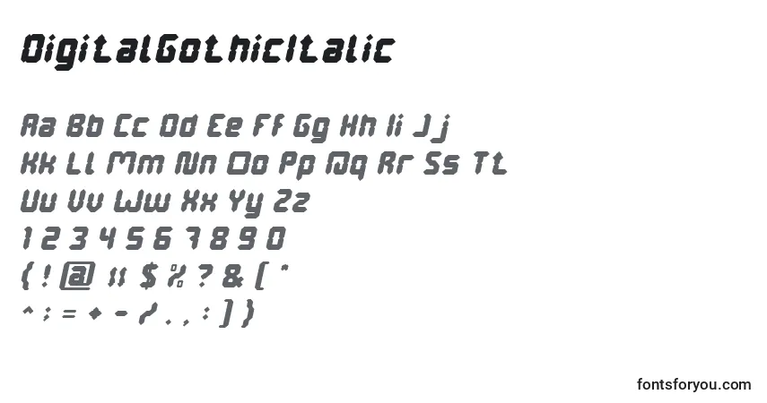Schriftart DigitalGothicItalic – Alphabet, Zahlen, spezielle Symbole