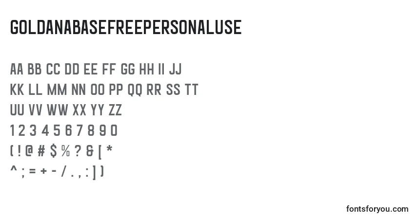 Czcionka GoldanaBaseFreePersonalUse – alfabet, cyfry, specjalne znaki