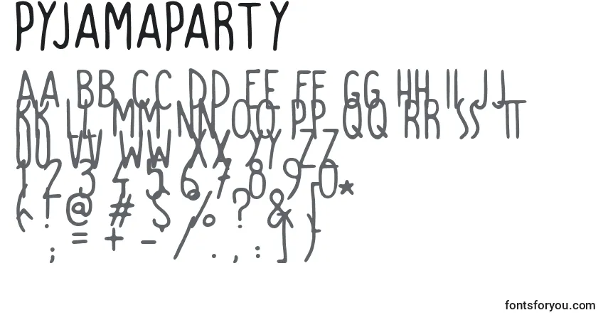 A fonte PyjamaParty – alfabeto, números, caracteres especiais