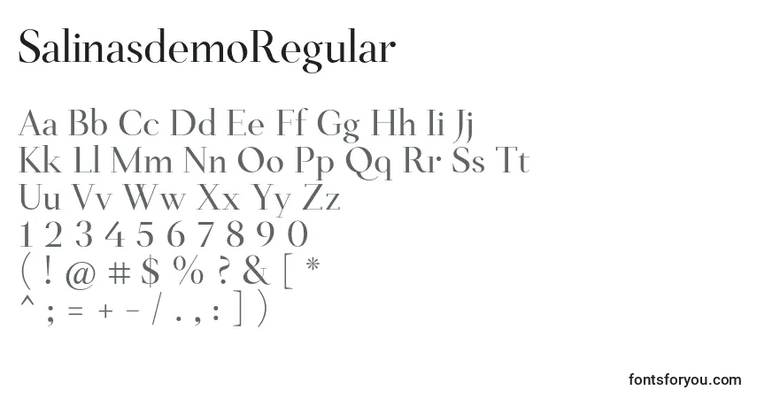 Czcionka SalinasdemoRegular – alfabet, cyfry, specjalne znaki