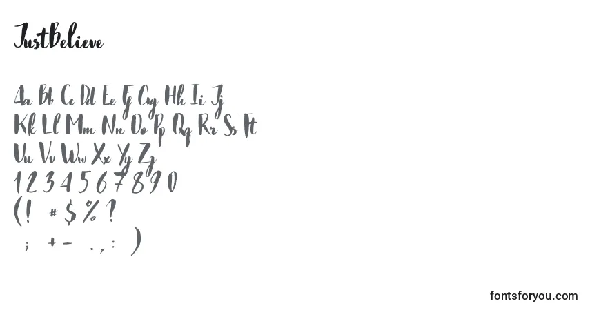 A fonte JustBelieve (110700) – alfabeto, números, caracteres especiais