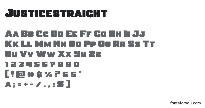 Czcionka Justicestraight – alfabet, cyfry, specjalne znaki