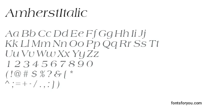 A fonte AmherstItalic – alfabeto, números, caracteres especiais