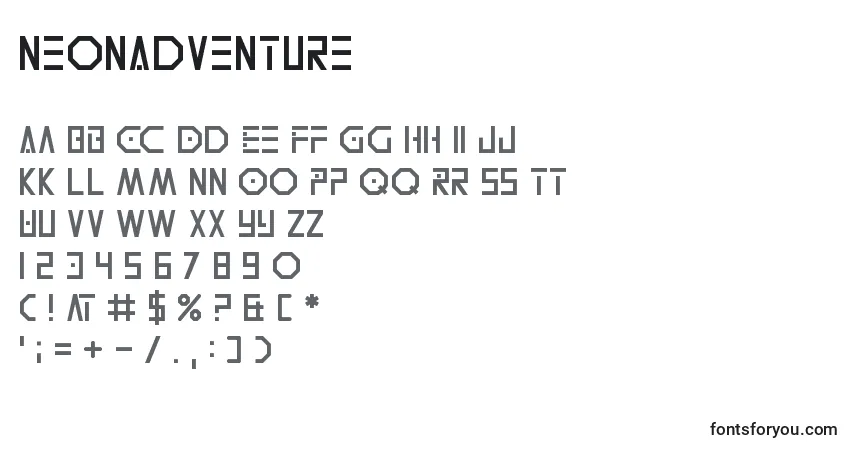 A fonte NeonAdventure – alfabeto, números, caracteres especiais