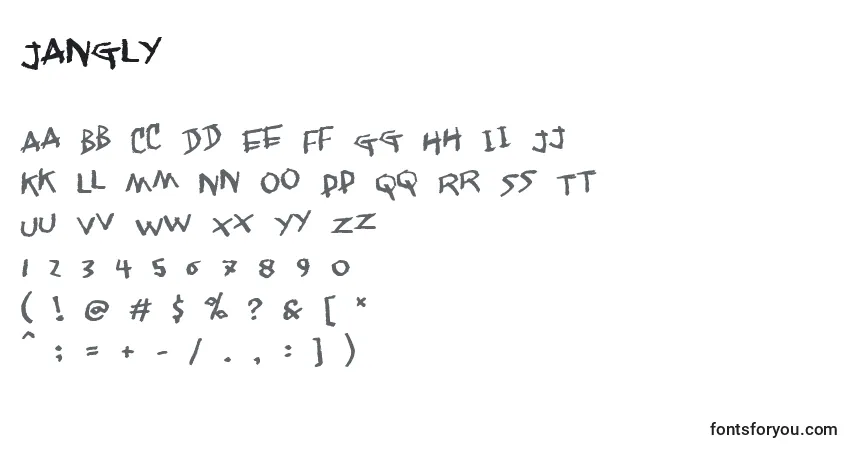 Czcionka Jangly – alfabet, cyfry, specjalne znaki