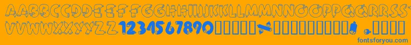 AlphaSausage-Schriftart – Blaue Schriften auf orangefarbenem Hintergrund