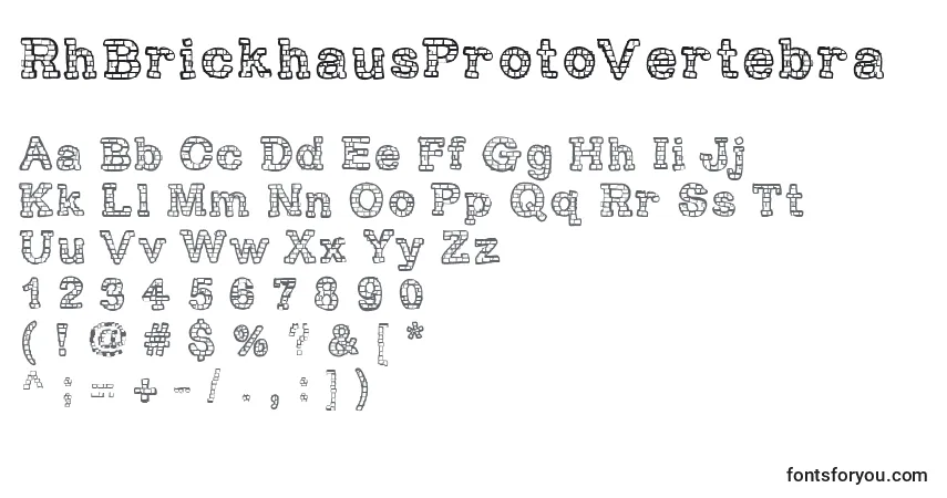 A fonte RhBrickhausProtoVertebra – alfabeto, números, caracteres especiais