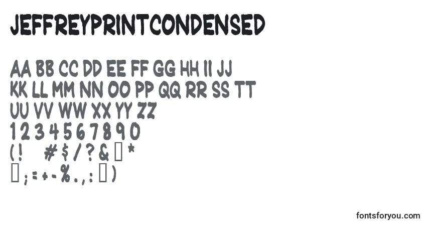 Шрифт Jeffreyprintcondensed – алфавит, цифры, специальные символы