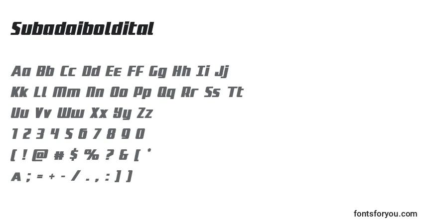 Schriftart Subadaiboldital – Alphabet, Zahlen, spezielle Symbole