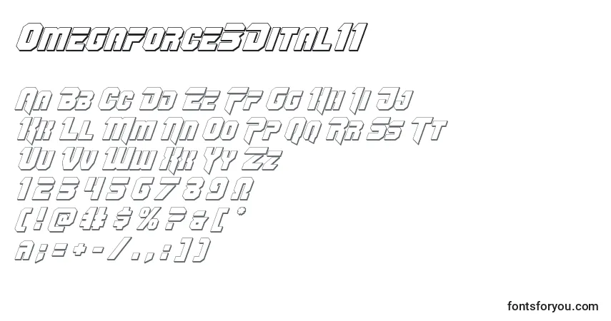 Czcionka Omegaforce3Dital11 – alfabet, cyfry, specjalne znaki