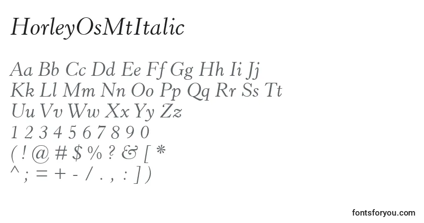 Czcionka HorleyOsMtItalic – alfabet, cyfry, specjalne znaki