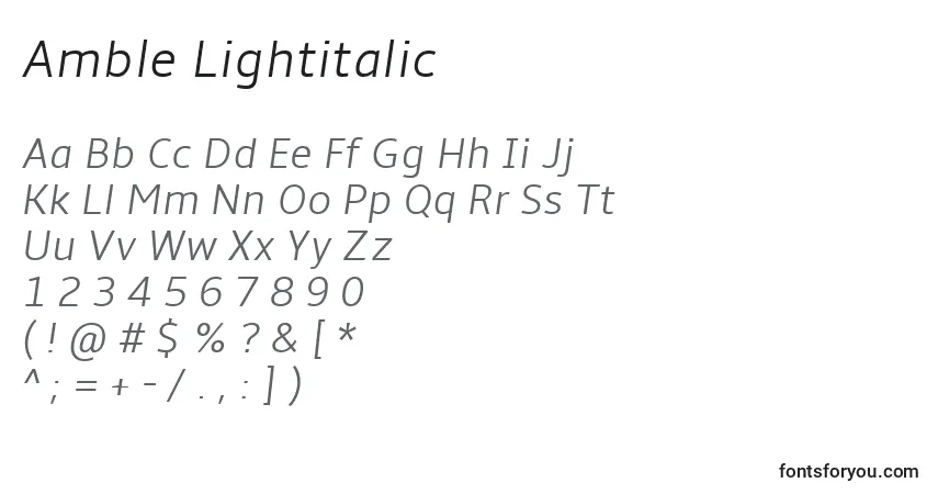 Шрифт Amble Lightitalic – алфавит, цифры, специальные символы