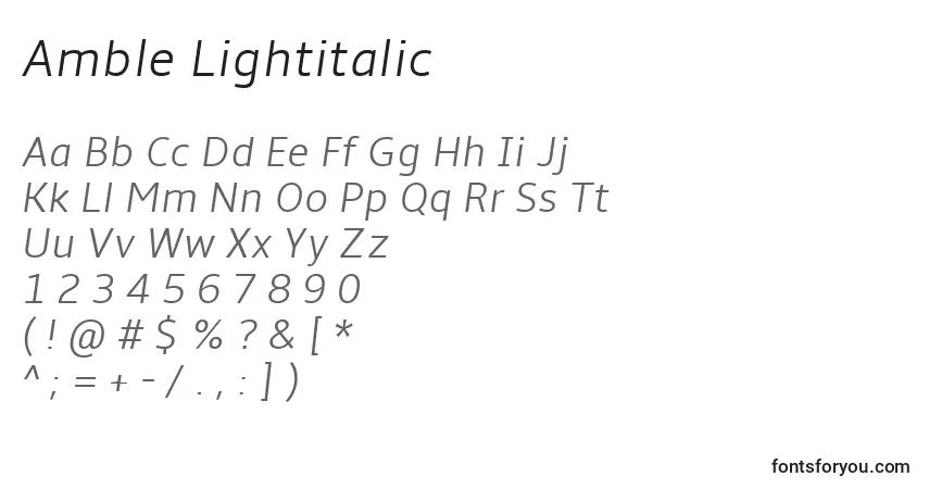 Czcionka Amble Lightitalic – alfabet, cyfry, specjalne znaki