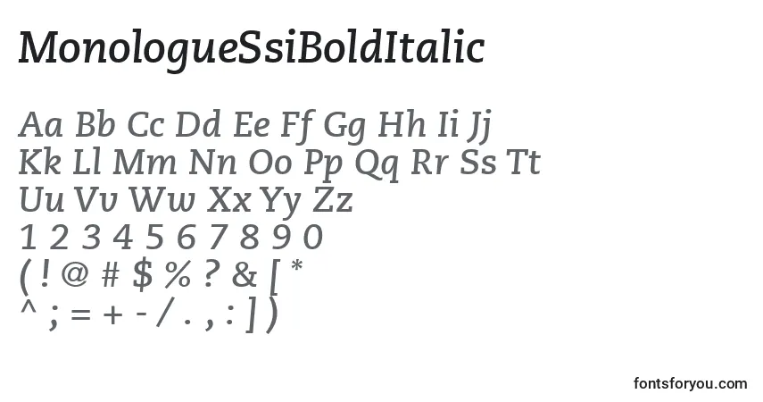 A fonte MonologueSsiBoldItalic – alfabeto, números, caracteres especiais