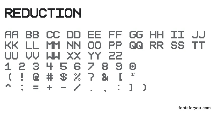 Czcionka Reduction – alfabet, cyfry, specjalne znaki
