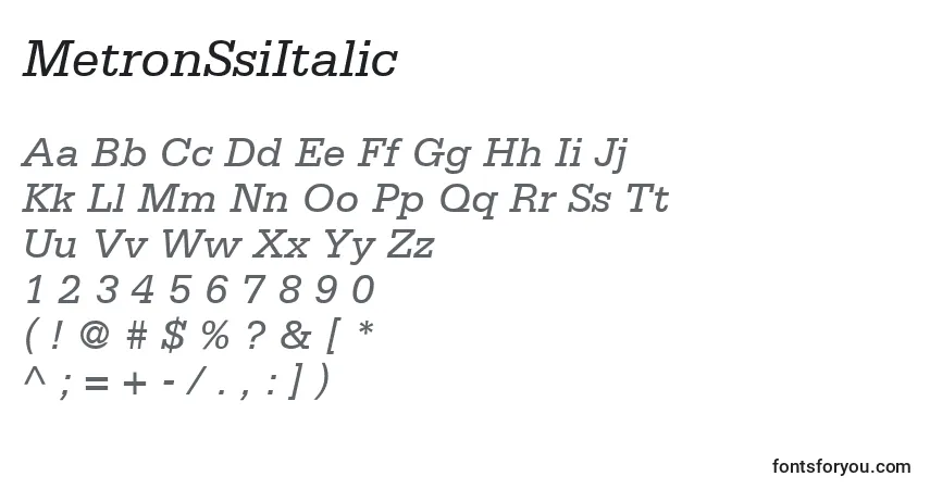 Czcionka MetronSsiItalic – alfabet, cyfry, specjalne znaki