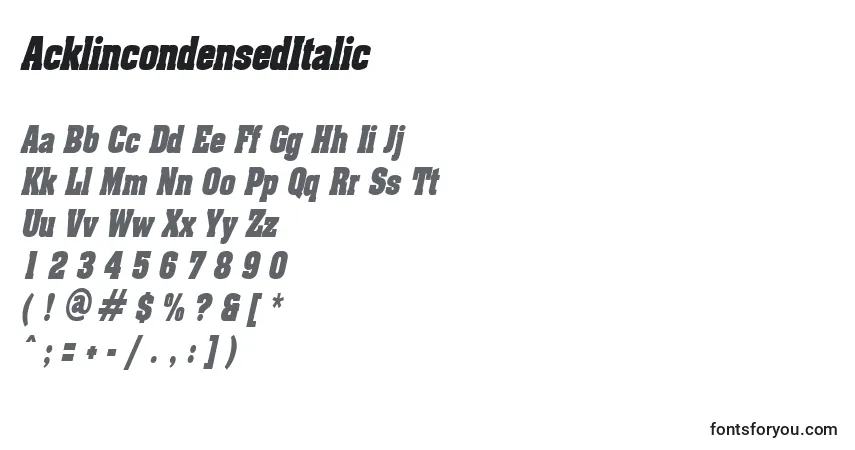 Czcionka AcklincondensedItalic – alfabet, cyfry, specjalne znaki