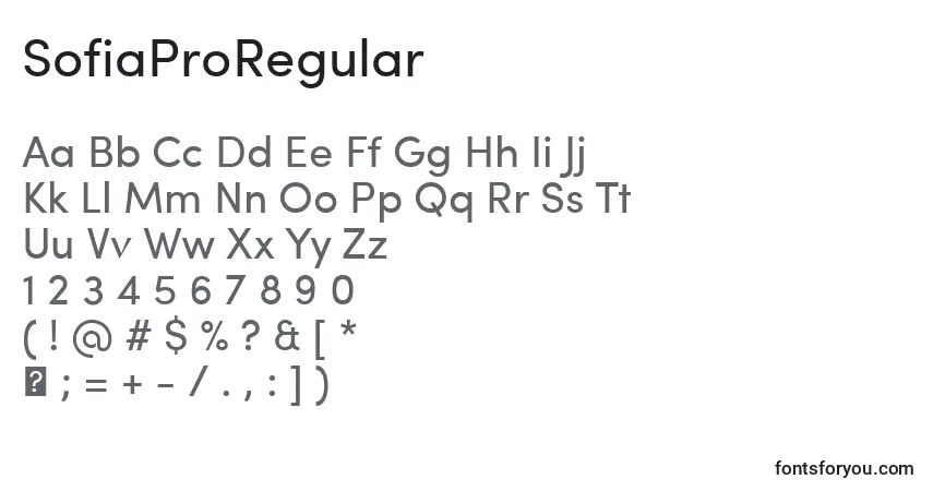 Schriftart SofiaProRegular – Alphabet, Zahlen, spezielle Symbole