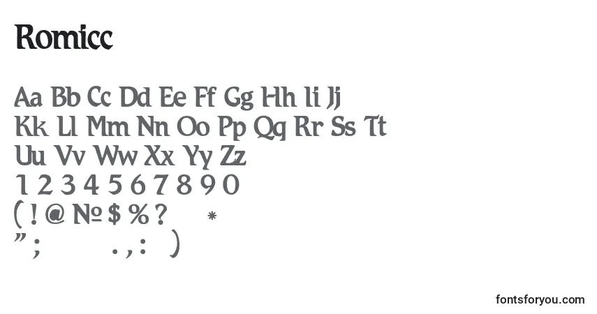 A fonte Romicc – alfabeto, números, caracteres especiais