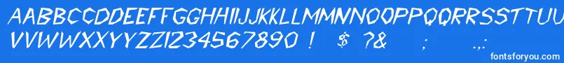 CavemannItalic-Schriftart – Weiße Schriften auf blauem Hintergrund