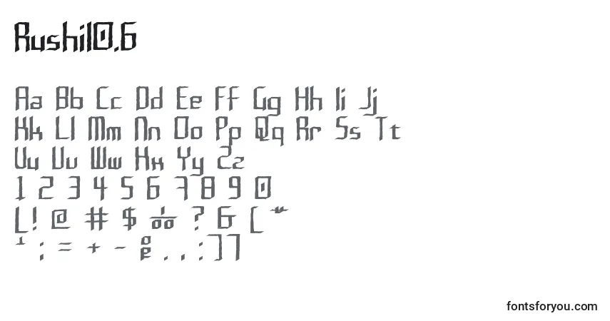 Czcionka Rushil0.6 – alfabet, cyfry, specjalne znaki