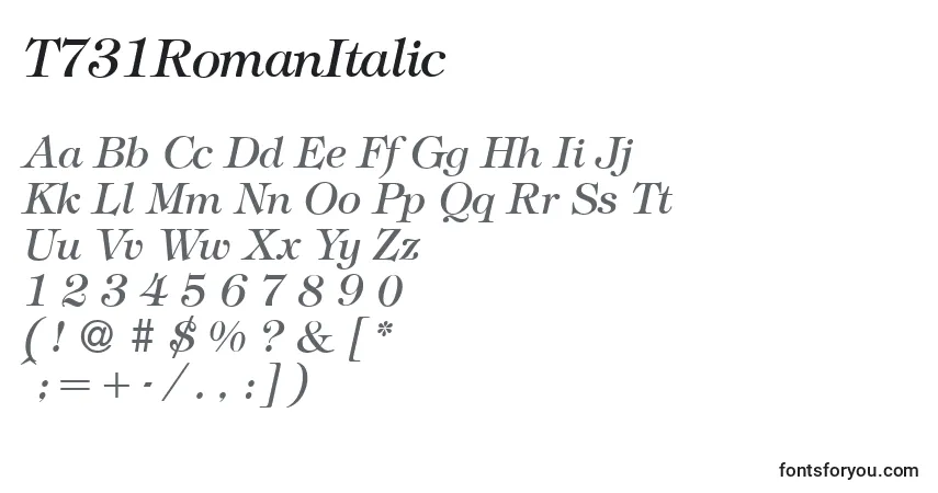 A fonte T731RomanItalic – alfabeto, números, caracteres especiais