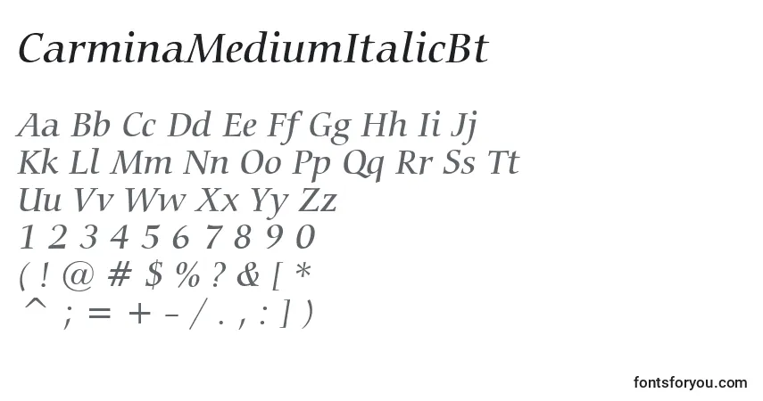A fonte CarminaMediumItalicBt – alfabeto, números, caracteres especiais