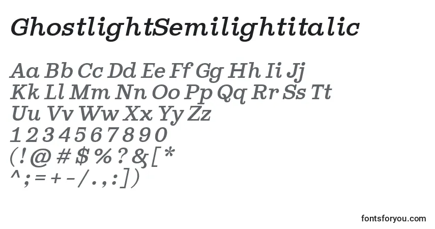 A fonte GhostlightSemilightitalic – alfabeto, números, caracteres especiais