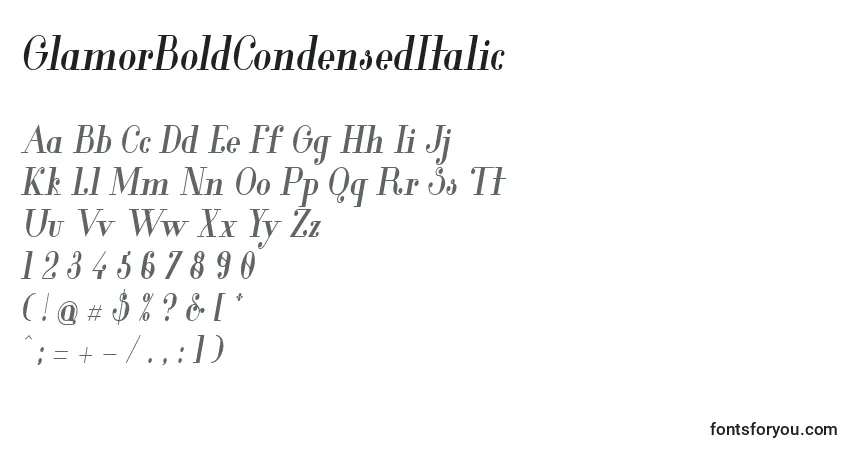 Schriftart GlamorBoldCondensedItalic – Alphabet, Zahlen, spezielle Symbole