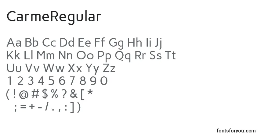Schriftart CarmeRegular (110978) – Alphabet, Zahlen, spezielle Symbole
