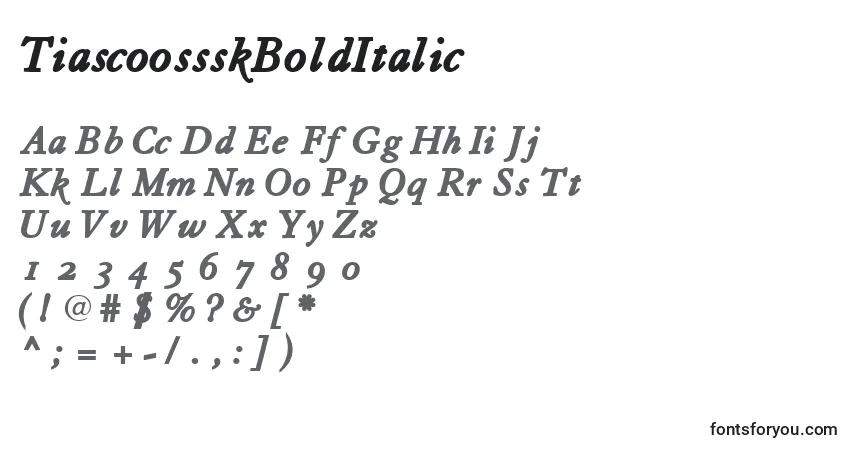 Шрифт TiascoossskBoldItalic – алфавит, цифры, специальные символы