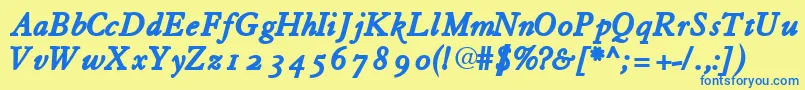 フォントTiascoossskBoldItalic – 青い文字が黄色の背景にあります。