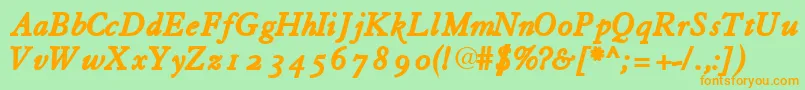 フォントTiascoossskBoldItalic – オレンジの文字が緑の背景にあります。