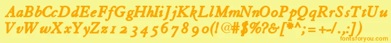 フォントTiascoossskBoldItalic – オレンジの文字が黄色の背景にあります。