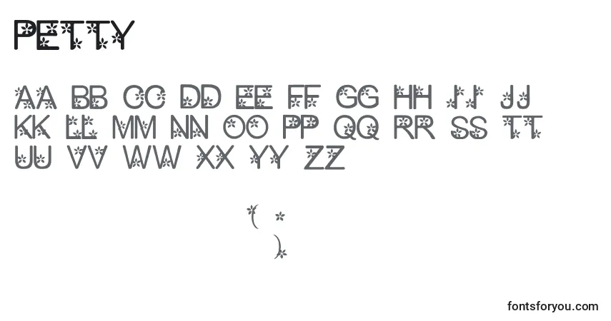 Czcionka Petty1.0 – alfabet, cyfry, specjalne znaki