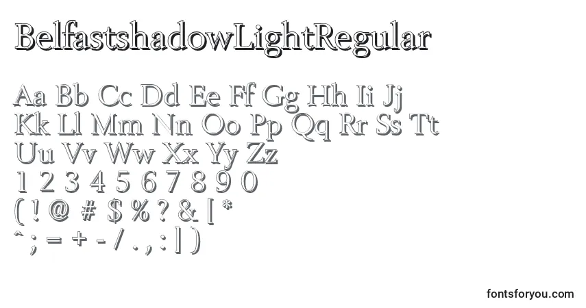 Czcionka BelfastshadowLightRegular – alfabet, cyfry, specjalne znaki