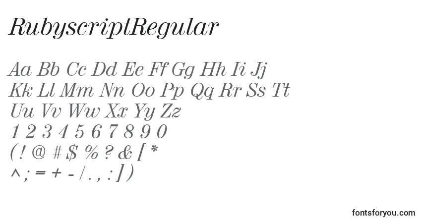 RubyscriptRegular-fontti – aakkoset, numerot, erikoismerkit