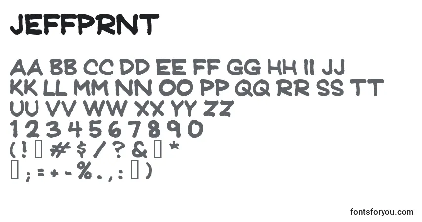 A fonte Jeffprnt – alfabeto, números, caracteres especiais